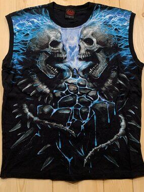 Vintage Y2K Blue Flame Skulls Skeleton Grunge Punk Emo Goth Alt Muscle Shirt XL
